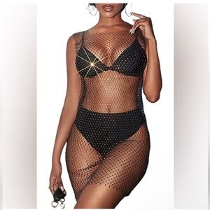 Fishnet rhinestone beach cover up dress